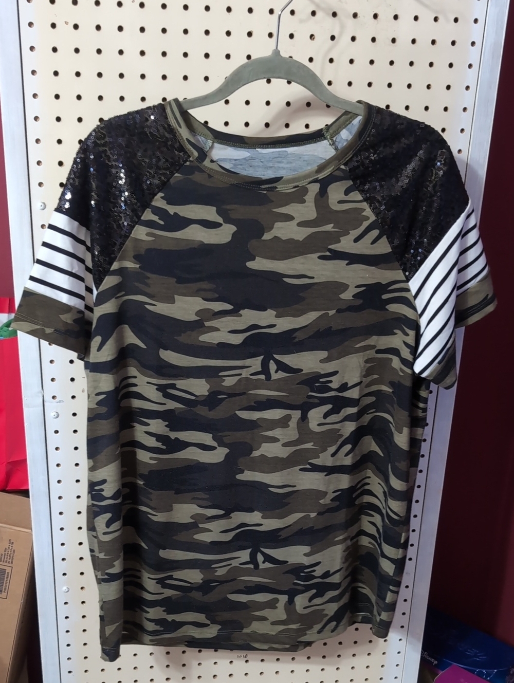 Camo Sequin Sleeve Kids Top - Green